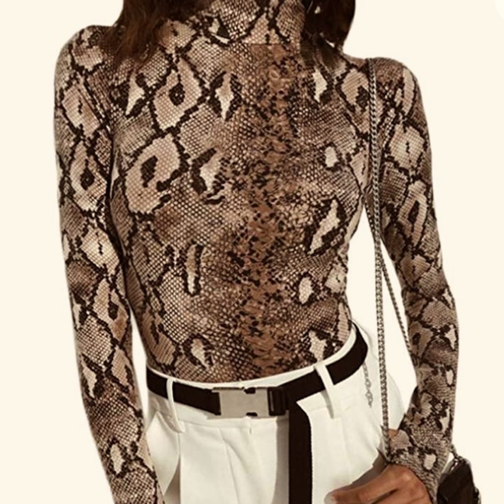 ZARA Women's Snakeskin Sexy Long Sleeve High Neck Bodycon sheer blouse size M